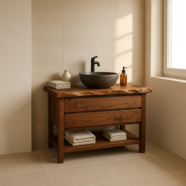 Handcrafted Solid Wood Bathroom Vanity - Live Edge Dark Wood Cabinet & Open Shelf