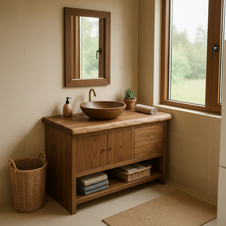 Handcrafted Solid Wood Bathroom Vanity with Live Edge Walnut Top and Storage Cabinet
