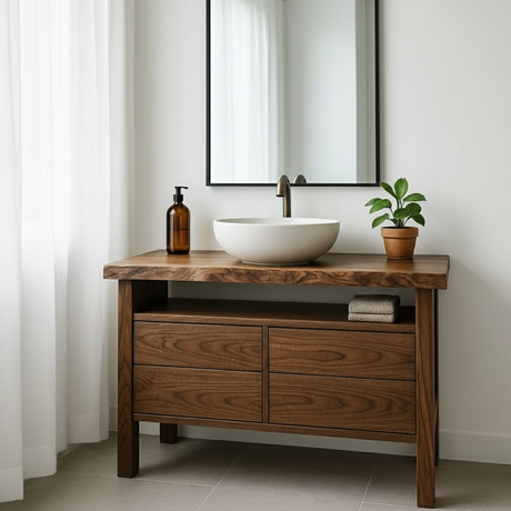 Handcrafted Solid Wood Bathroom Vanity with Live Edge Top and Minimalist Design