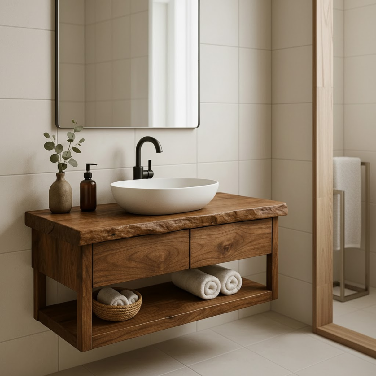 Handcrafted Solid Wood Floating Bathroom Vanity with Live Edge Top - Modern Rustic Washstand