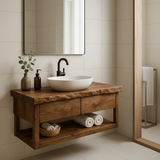 Handcrafted Solid Wood Floating Bathroom Vanity with Live Edge Top - Modern Rustic Washstand