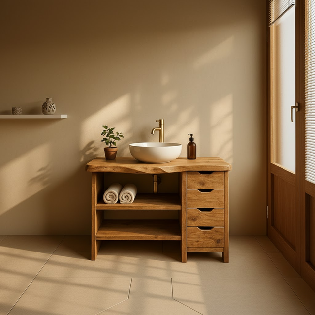 Handcrafted Solid Wood Bathroom Vanity with Live Edge Oak Top and 4 Drawers