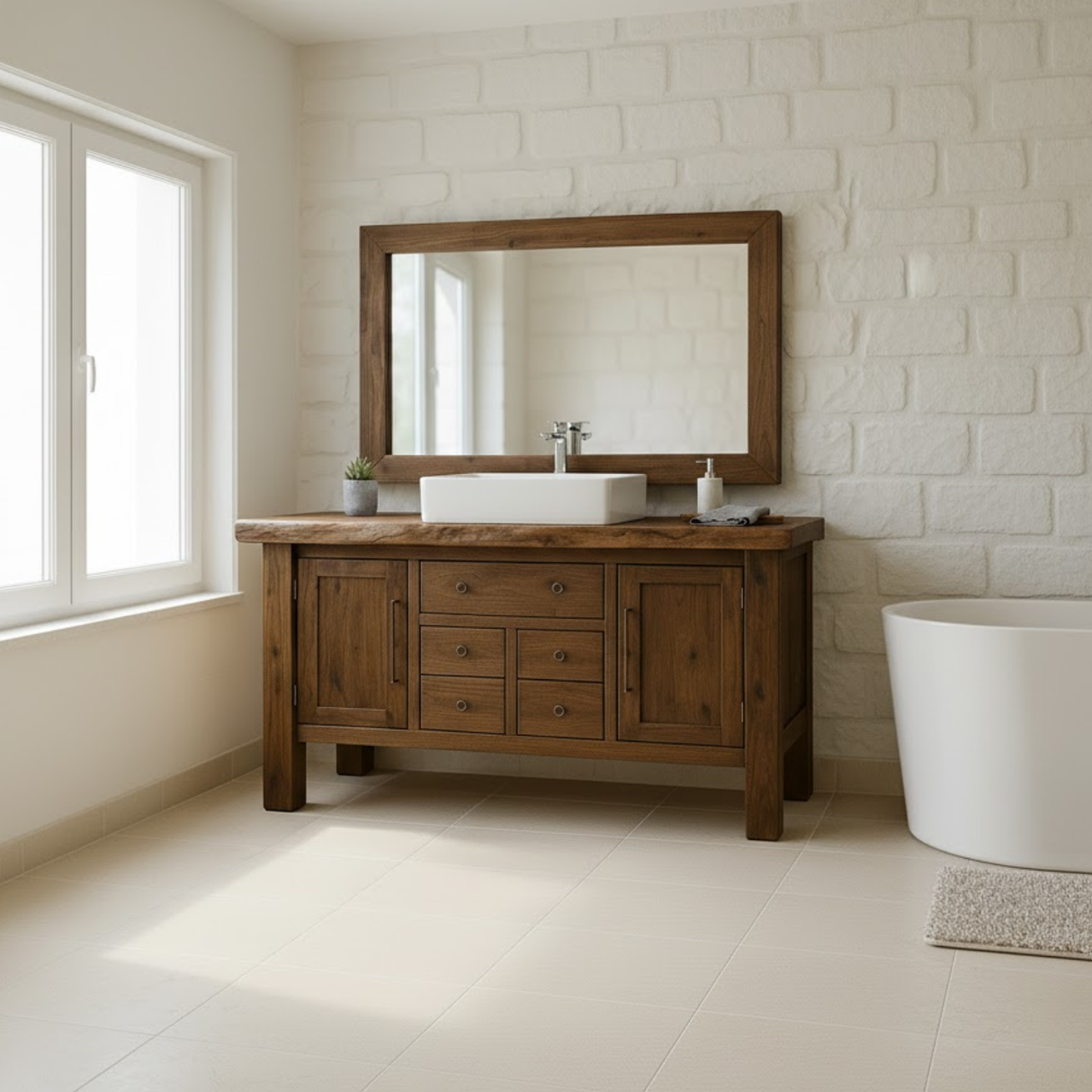 Handcrafted Solid Wood Bathroom Vanity - Live Edge Top, Cabinets, Drawers & Vessel Sink Base