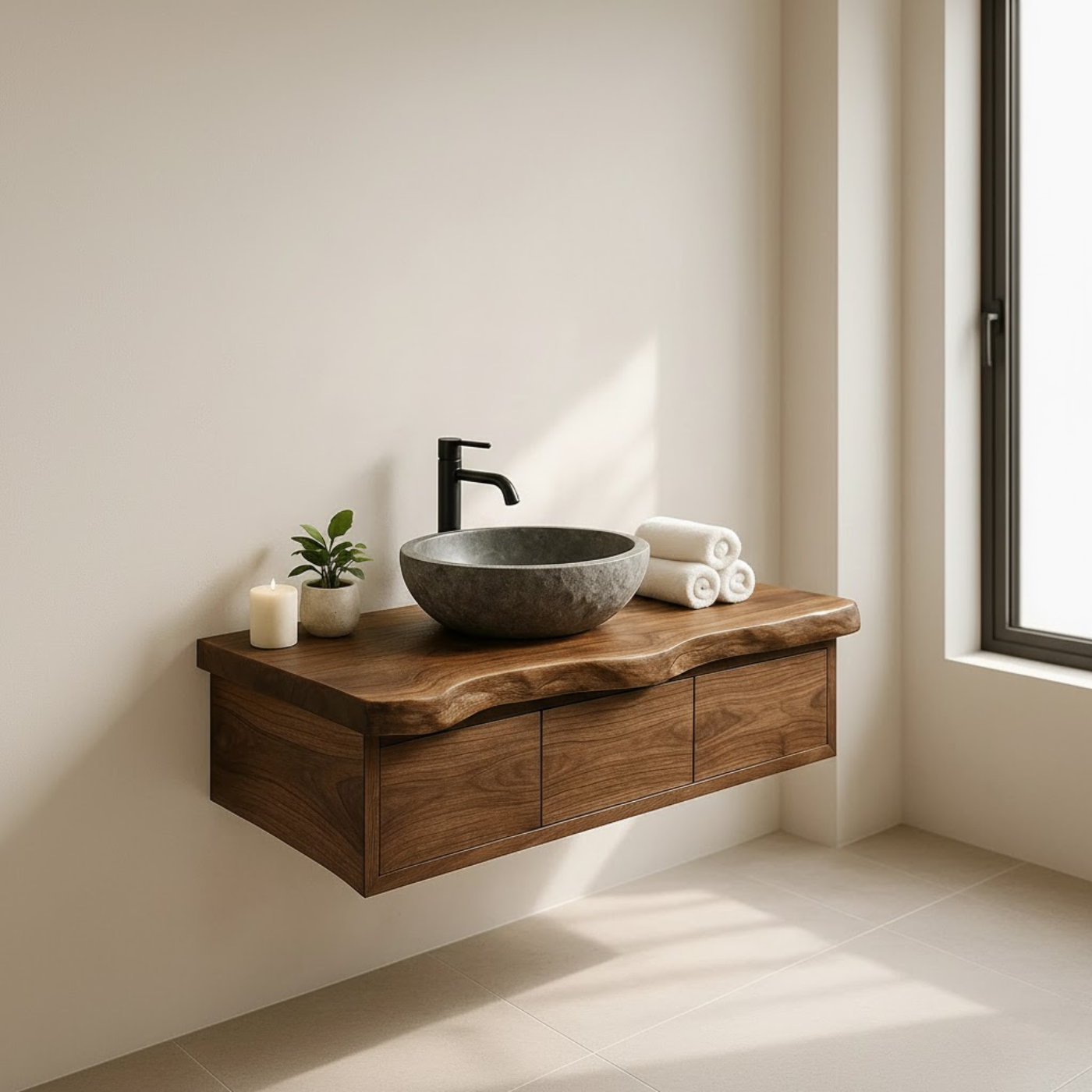 Handcrafted Solid Wood Floating Vanity - Live Edge Wall-Mounted Cabinet