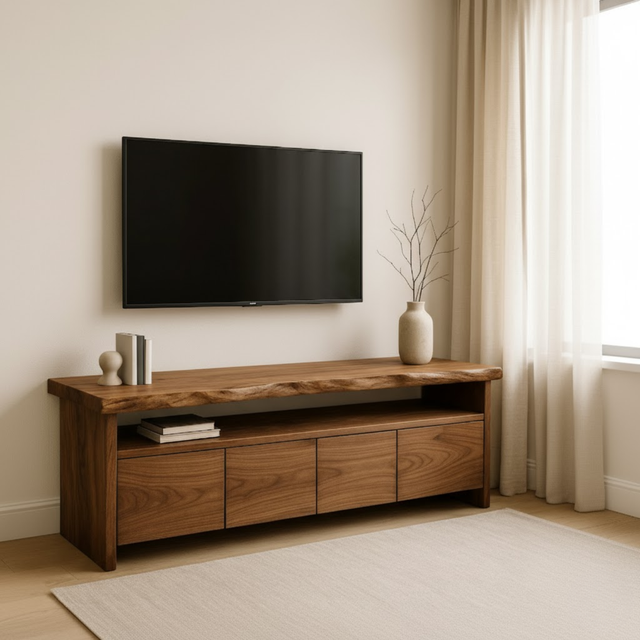 Handcrafted Solid Wood TV Stand with Live Edge Top and Hidden Storage Drawers