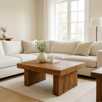 Handcrafted Solid Wood Coffee Table – Rustic Block Base Design for Living Room