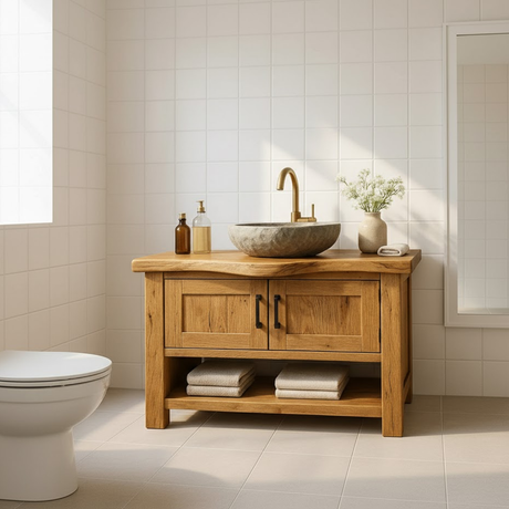 Handcrafted Solid Wood Bathroom Vanity - Rustic Live Edge Cabinet & Open Shelf