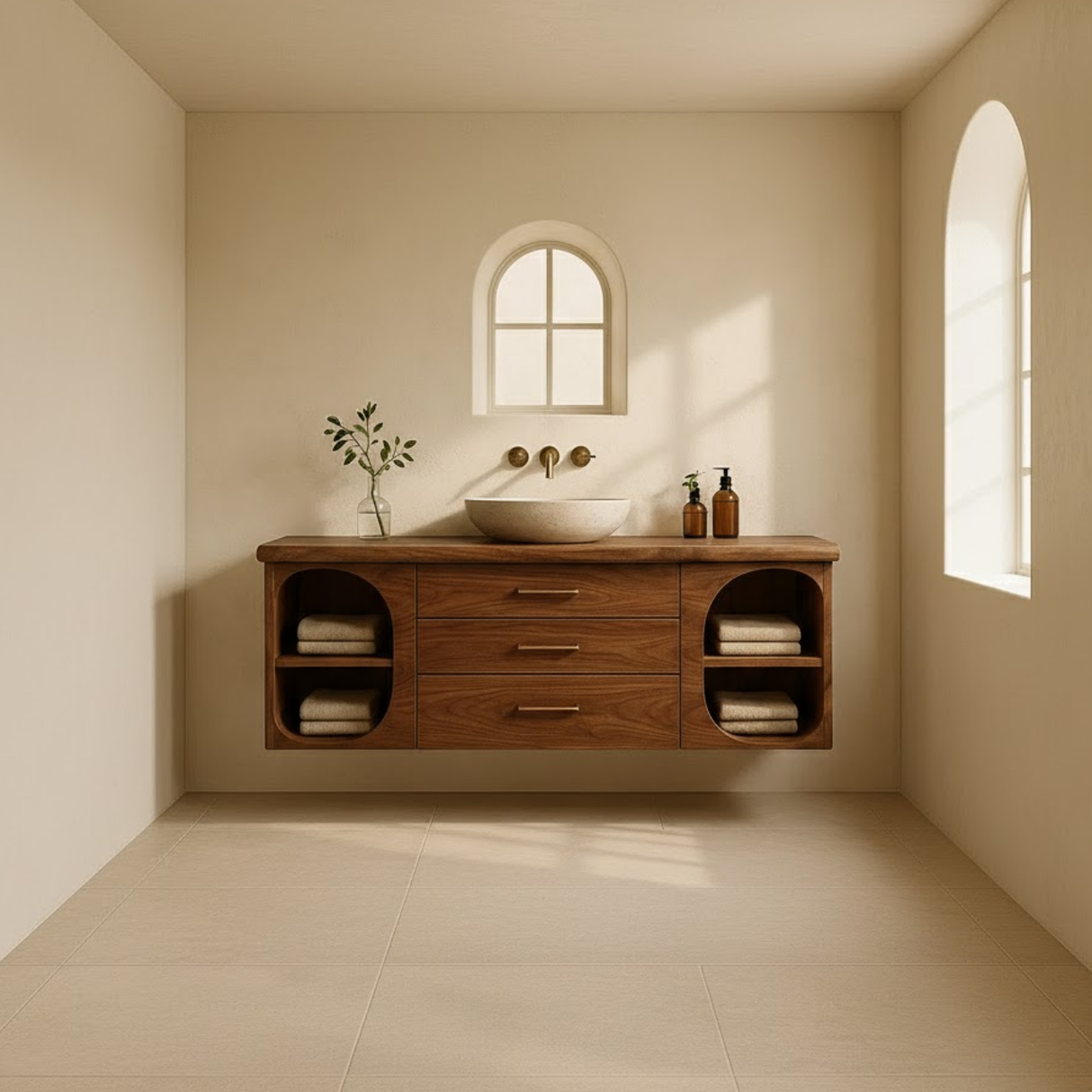 Handcrafted Solid Wood Floating Vanity - Modern Wall-Mounted Cabinet with Arches