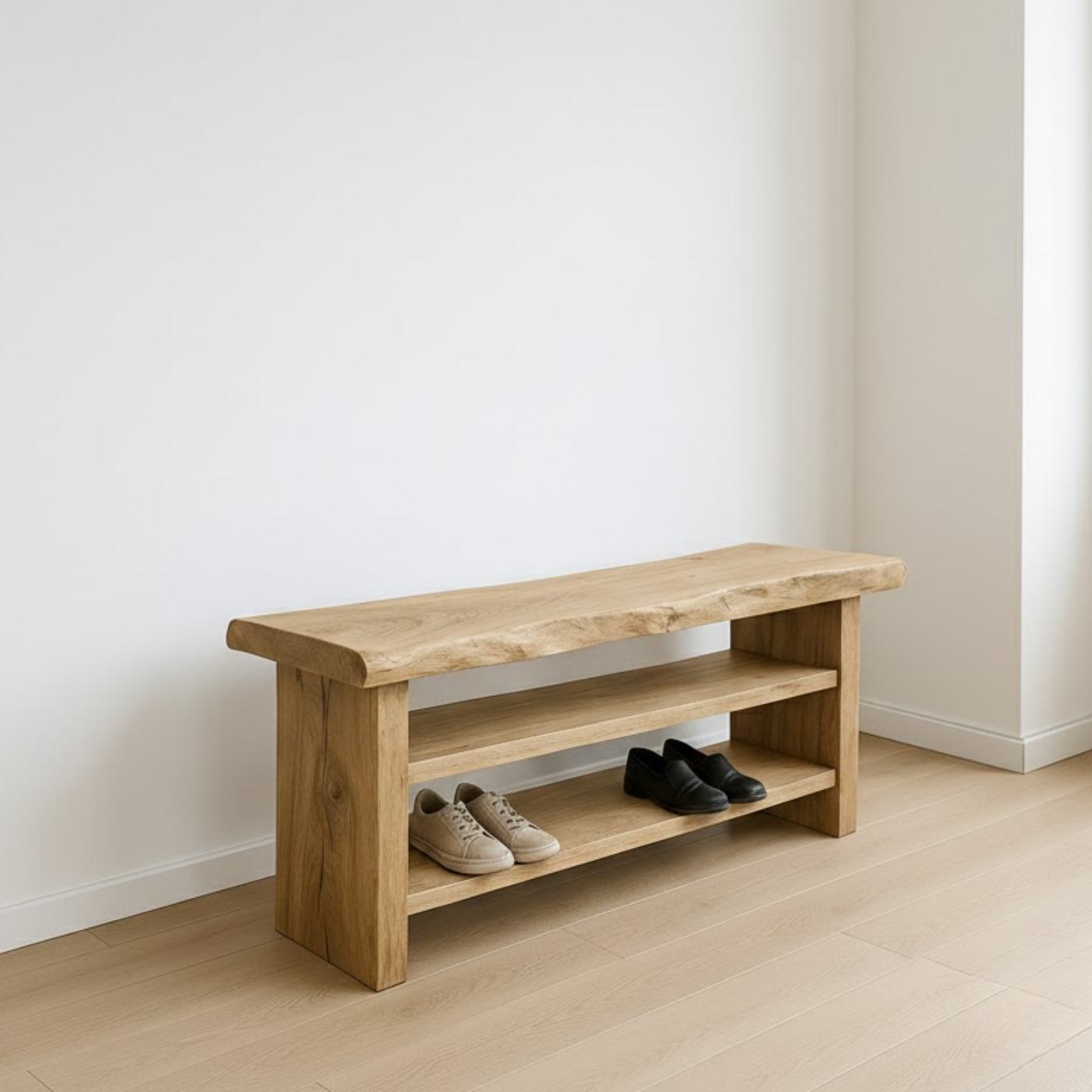 Handcrafted Solid Wood Entryway Bench with Shoe Storage – Natural Live-Edge Design