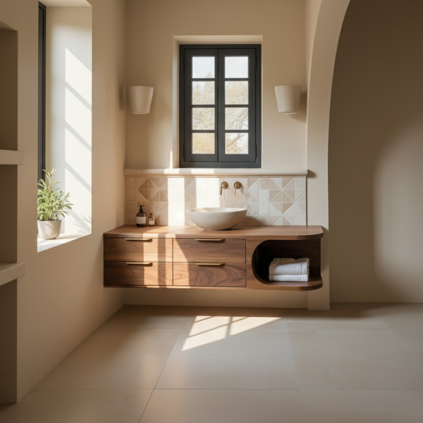 Handcrafted Solid Wood Floating Vanity - Modern Curve Single Sink Cabinet