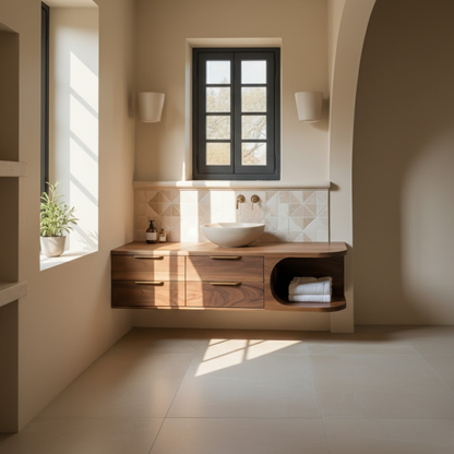 Handcrafted Solid Wood Floating Vanity - Modern Curve Single Sink Cabinet