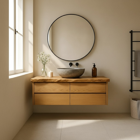 Handcrafted Solid Wood Floating Bathroom Vanity with Live Edge Top - Minimalist Modern Design