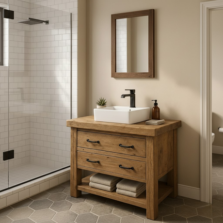 Handcrafted Solid Wood Bathroom Vanity with Rustic Oak Finish