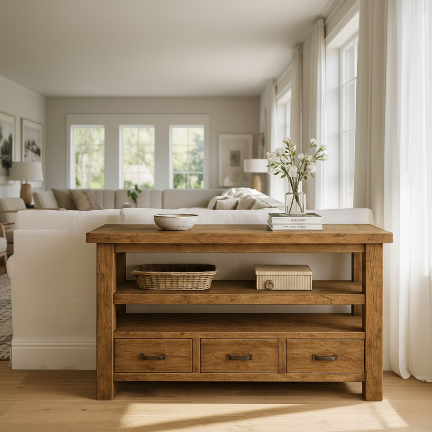 Handcrafted Solid Wood Console Table – Farmhouse Style with Three Storage Drawers