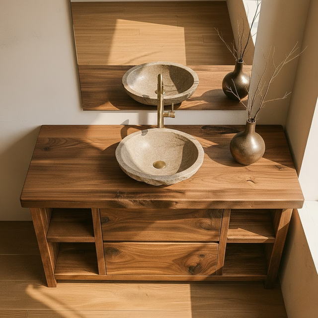 Handcrafted Solid Wood Bathroom Vanity with Live Edge Top and Curved Drawer Design