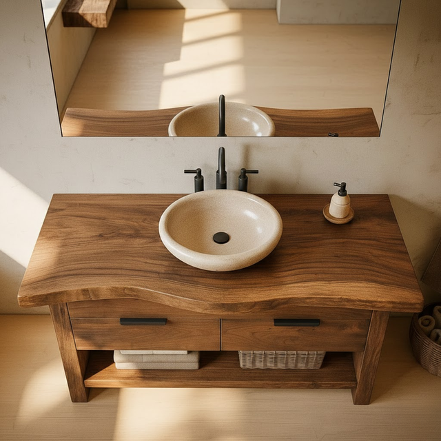 Handcrafted Solid Wood Bathroom Vanity with Live Edge Top and Open Storage Shelf