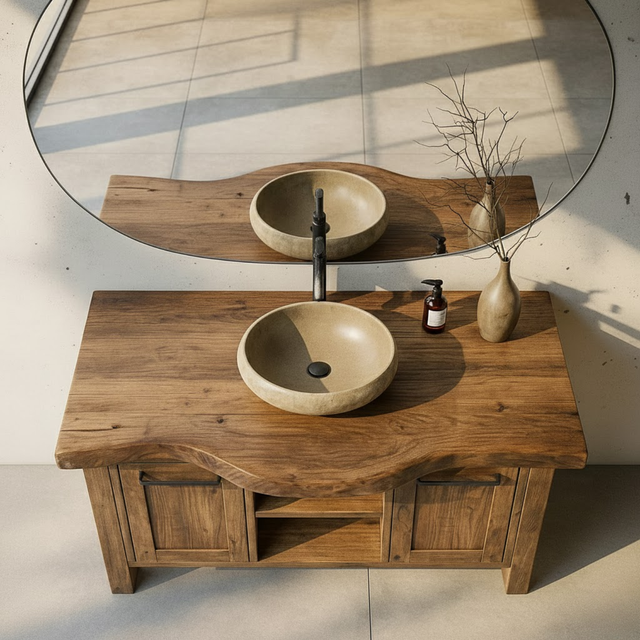 Handcrafted Solid Wood Bathroom Vanity with Live-Edge Top and Dual Side Cabinets