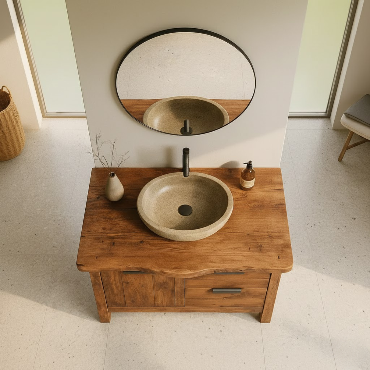 Handcrafted Solid Wood Bathroom Vanity with Live-Edge Top and Modern Drawer Design
