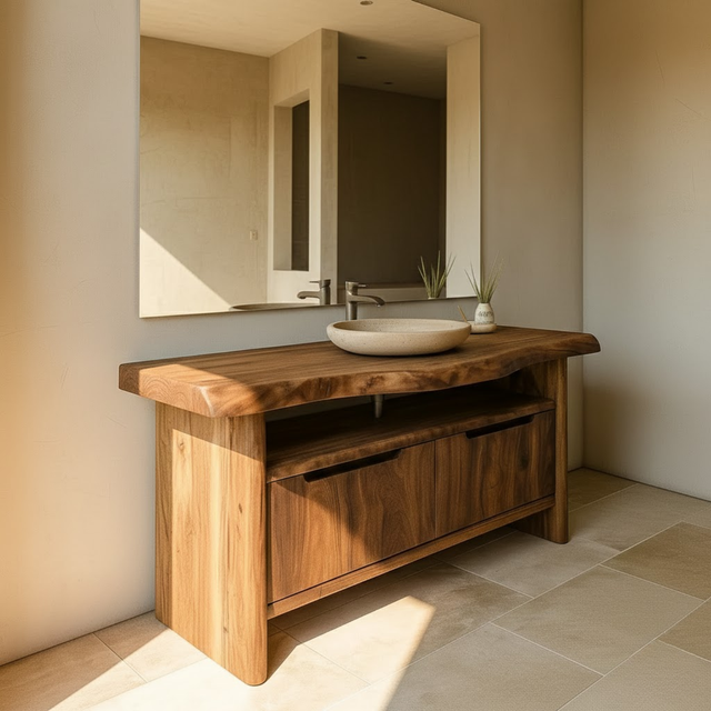 Handcrafted Solid Wood Bathroom Vanity with Live-Edge Walnut Top & Soft-Close Doors
