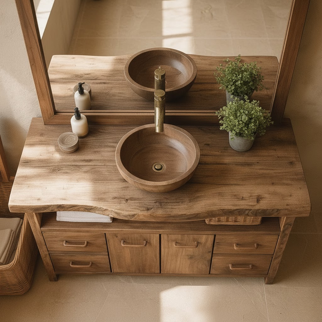 Handcrafted Solid Wood Bathroom Vanity with Live Edge Walnut Top and Double Cabinet Storage