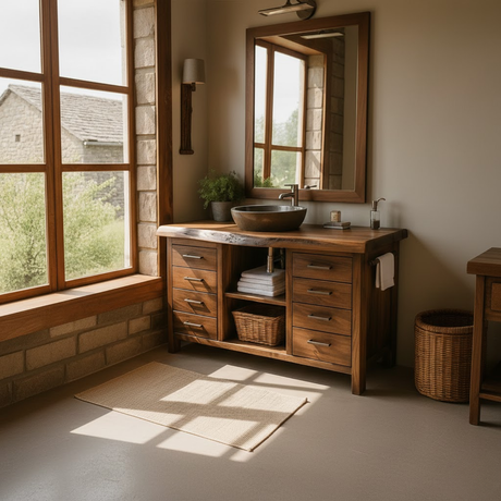 Handcrafted Solid Wood Bathroom Vanity with Live Edge Walnut Top and 8 Storage Drawers
