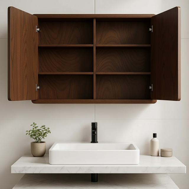 Handcrafted Solid Wood Wall Cabinet with Sculpted Wave Doors – Modern Artistic Bathroom Storage