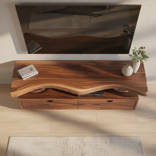 Handcrafted Solid Wood TV Stand with Sculpted Live-Edge Floating Shelf