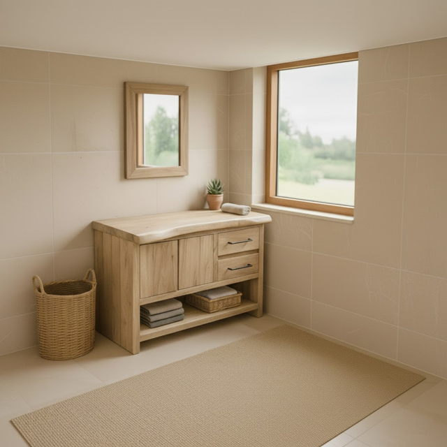 Handcrafted Solid Wood Bathroom Vanity with Live Edge Maple Top and Storage Shelves