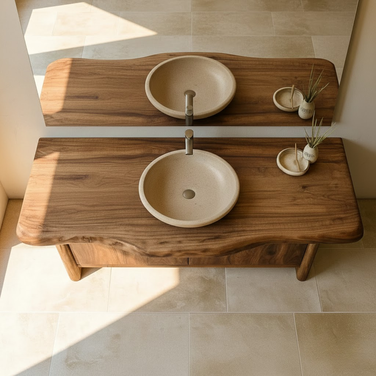 Handcrafted Solid Wood Bathroom Vanity with Live-Edge Walnut Top & Soft-Close Doors