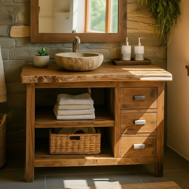 Handcrafted Solid Wood Bathroom Vanity with Live-Edge Top and Spacious Open Storage