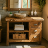 Handcrafted Solid Wood Bathroom Vanity with Live-Edge Top and Spacious Open Storage