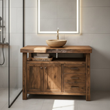 Handcrafted Solid Wood Bathroom Vanity with Live Edge Walnut Top, 3 Drawers and Cabinet