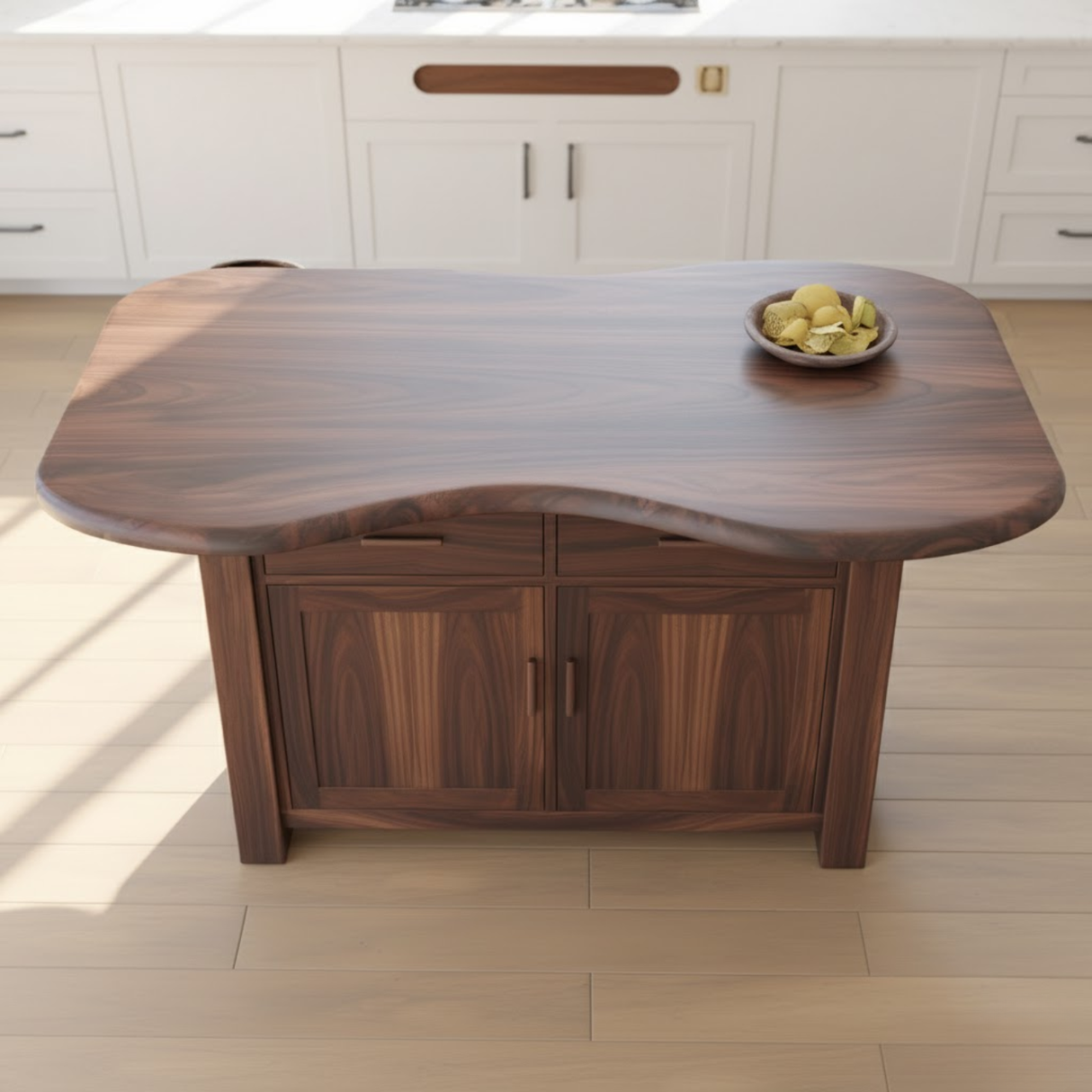 Handcrafted Solid Wood Kitchen Island with Live-Edge Curved Top and Spacious Storage