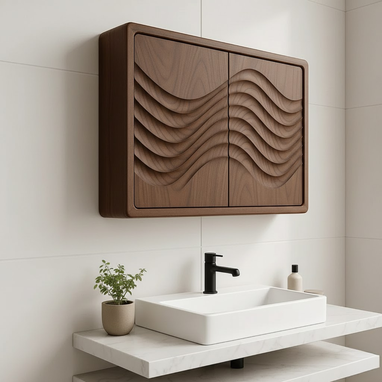 Handcrafted Solid Wood Wall Cabinet with Sculpted Wave Doors – Modern Artistic Bathroom Storage