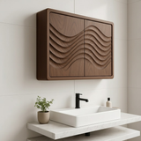 Handcrafted Solid Wood Wall Cabinet with Sculpted Wave Doors – Modern Artistic Bathroom Storage