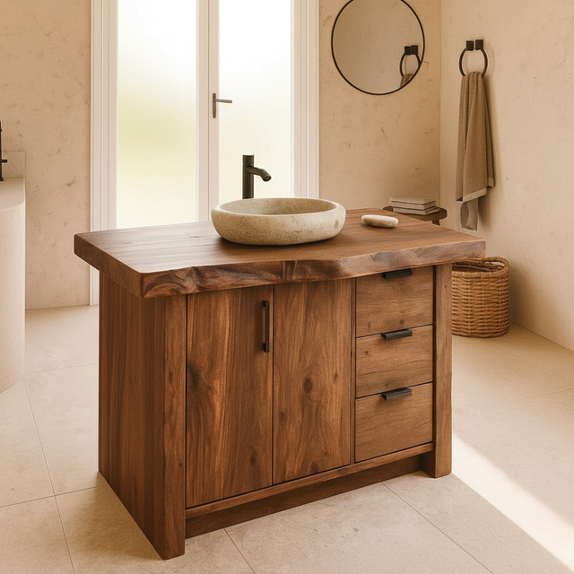 Handcrafted Solid Wood Bathroom Vanity with Live-Edge Top and Modern Storage Drawers