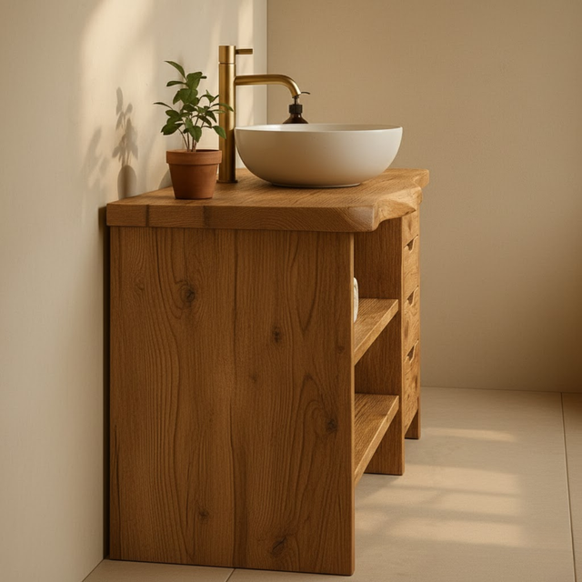 Handcrafted Solid Wood Bathroom Vanity with Live Edge Oak Top and 4 Drawers
