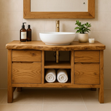 Handcrafted Solid Wood Bathroom Vanity with Live Edge Oak Top and Storage Shelves