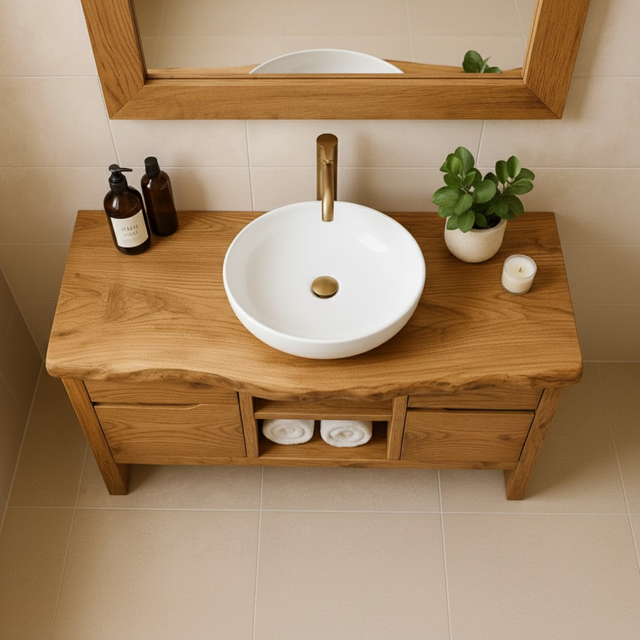 Handcrafted Solid Wood Bathroom Vanity with Live Edge Oak Top and Storage Shelves