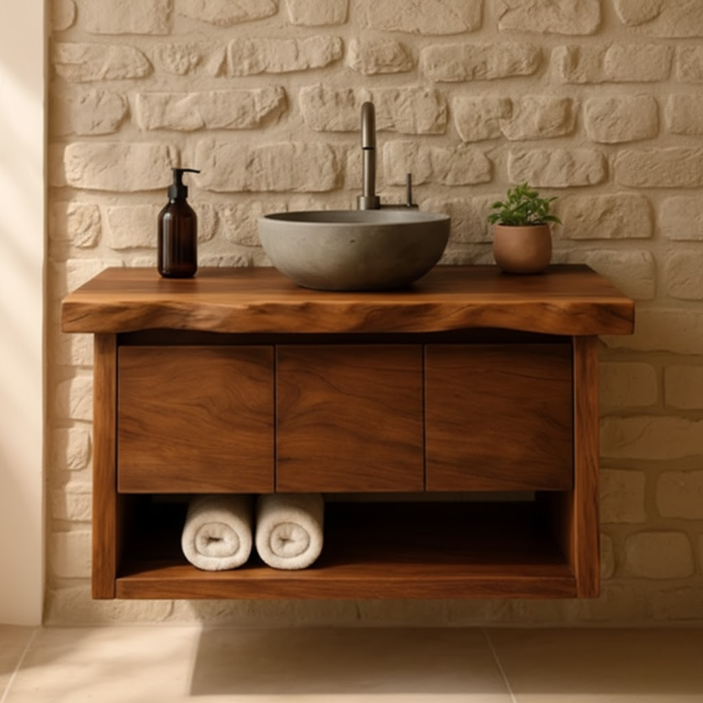 Handcrafted Solid Wood Floating Bathroom Vanity with Live Edge Top - Rustic Modern Washstand