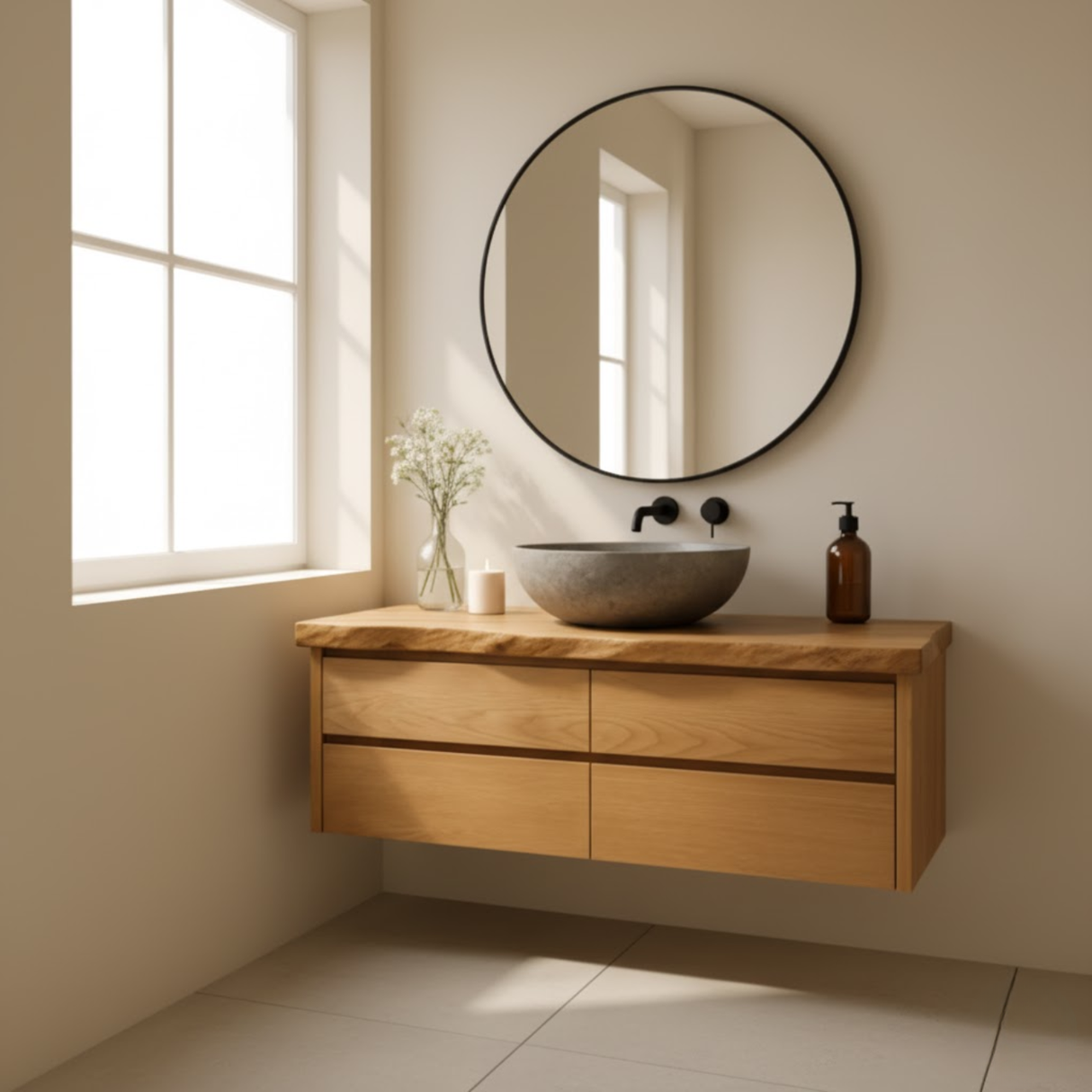 Handcrafted Solid Wood Floating Bathroom Vanity with Live Edge Top - Minimalist Modern Design