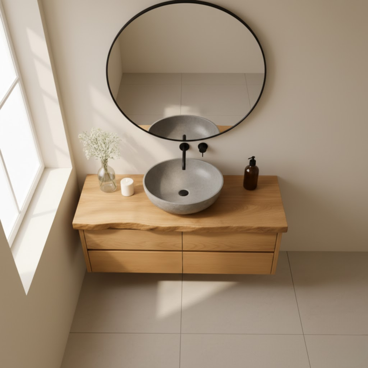 Handcrafted Solid Wood Floating Bathroom Vanity with Live Edge Top - Minimalist Modern Design
