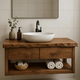 Handcrafted Solid Wood Floating Bathroom Vanity with Live Edge Top - Modern Rustic Washstand