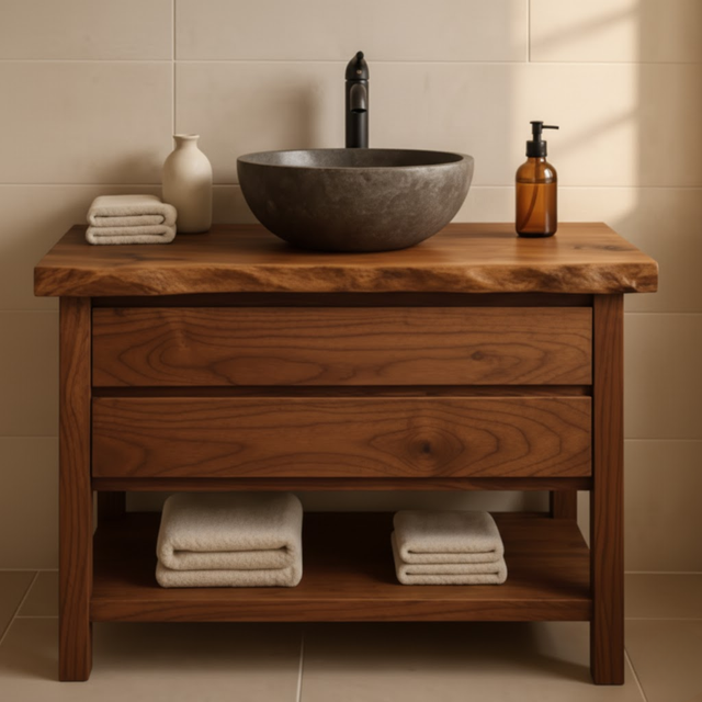 Handcrafted Solid Wood Bathroom Vanity - Live Edge Dark Wood Cabinet & Open Shelf