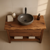 Handcrafted Solid Wood Bathroom Vanity - Live Edge Dark Wood Cabinet & Open Shelf