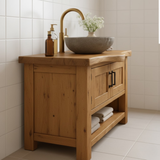 Handcrafted Solid Wood Bathroom Vanity - Rustic Live Edge Cabinet & Open Shelf