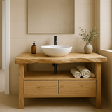 Handcrafted Solid Wood Bathroom Vanity - Live Edge Rustic Stand with Drawers & Shelf