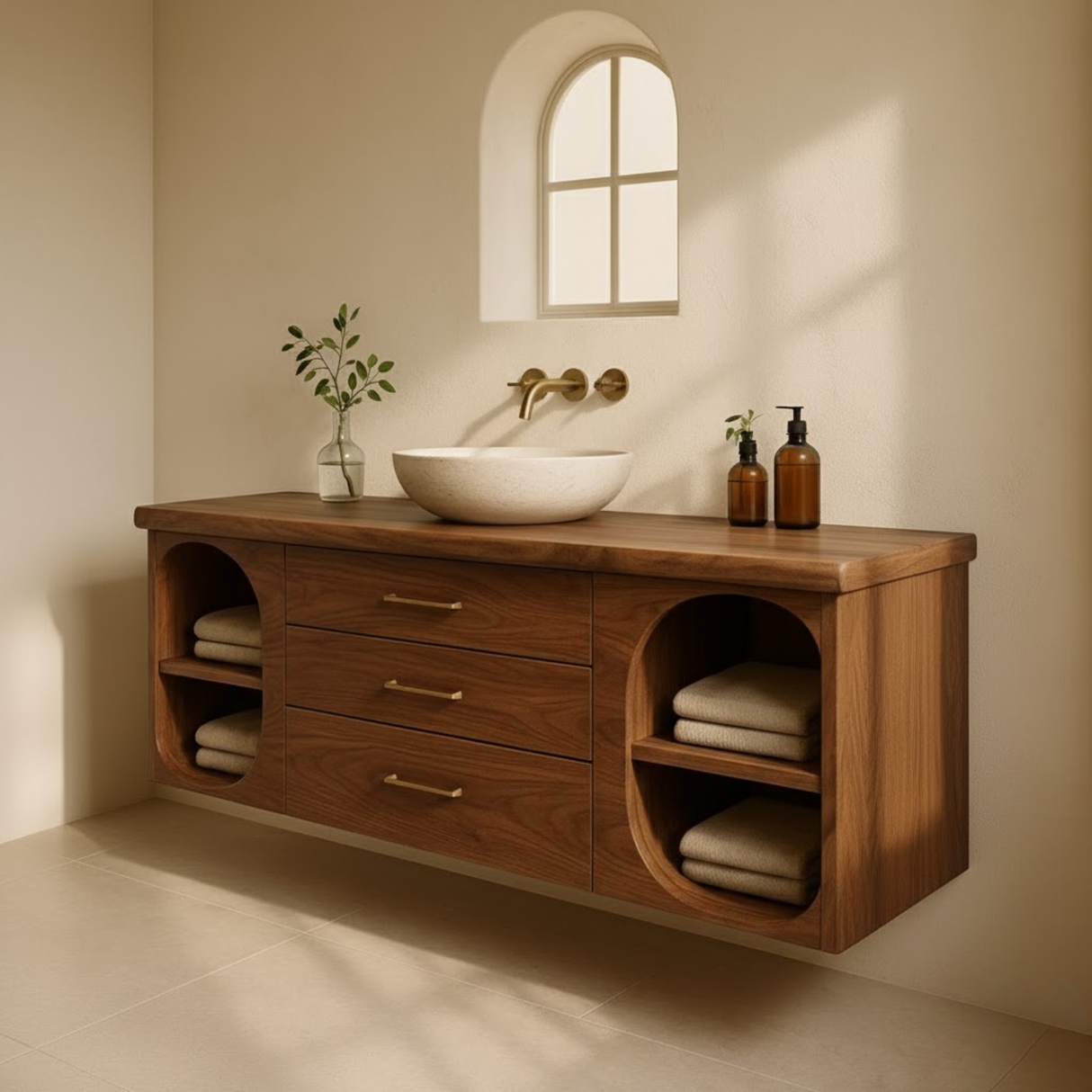 Handcrafted Solid Wood Floating Vanity - Modern Wall-Mounted Cabinet with Arches