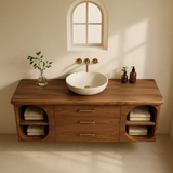 Handcrafted Solid Wood Floating Vanity - Modern Wall-Mounted Cabinet with Arches