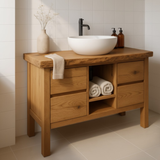 Handcrafted Solid Wood Bathroom Vanity - Live Edge Top with Drawers & Open Shelf Storage